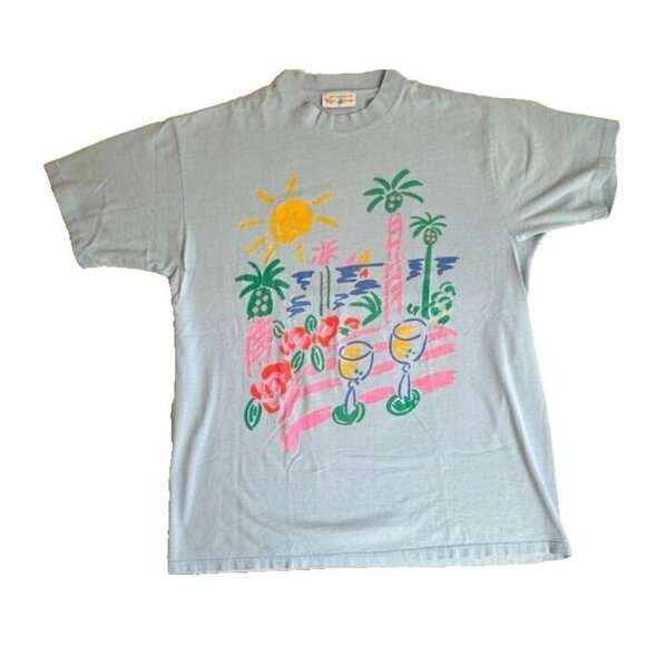 VTG Ken Done Art 80s Graphic Palm Tree SUN Flower NEON T-shirt PUFF PAINT - Picture 6 of 13